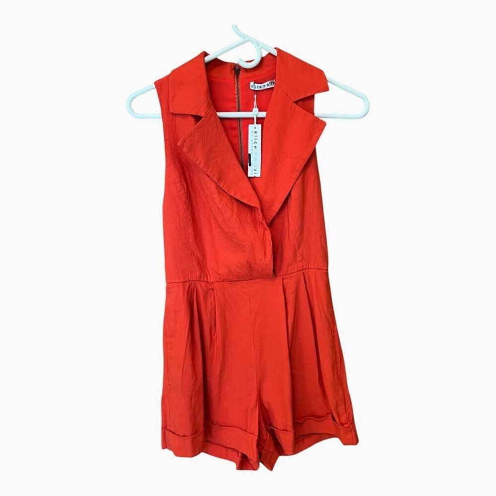ALICE + OLIVIA Meritt Pleated Linen Romper in Chili Pepper Size 2
